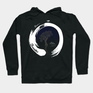 Zen like circle with tree dolphin night sky and text Breathe, yoga Hoodie